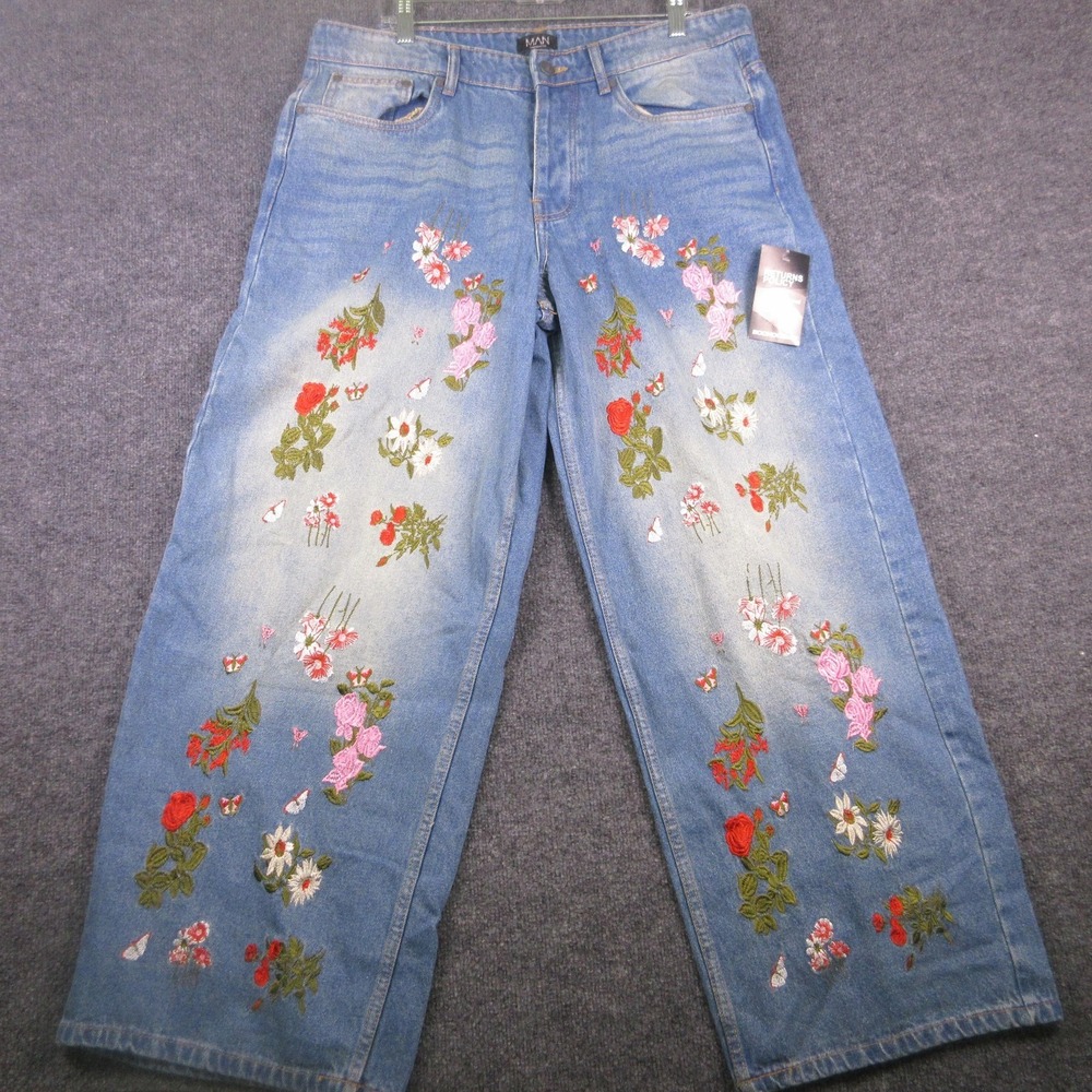 BoohooMAN Jeans Mens 36x31 Light Wash Baggy Wide Leg Floral Embroidered Denim